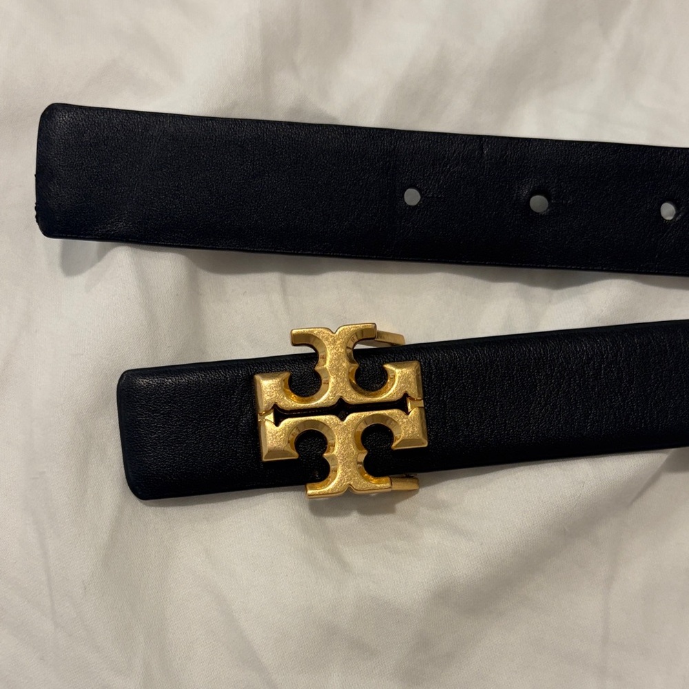 Tory Burch Black Leather Belt with Gold Double-T Emblem